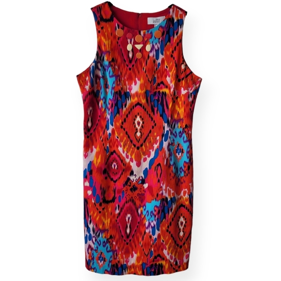 Belle Badgley Mischka Ikat Cotton Multi Color Sleeveless Sheath Dress Size 10 - Picture 1 of 15